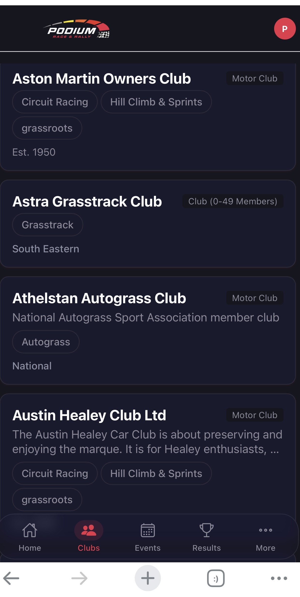 Podium app — Club directory listing motorsport clubs