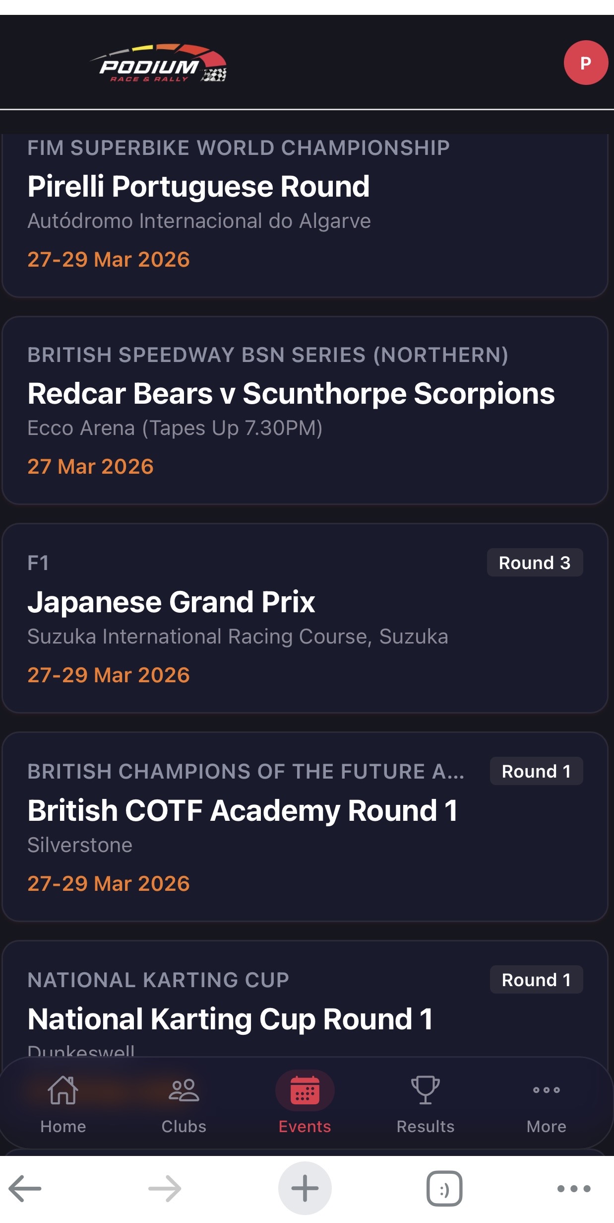 Podium app — Events calendar showing Superbike, Speedway and more