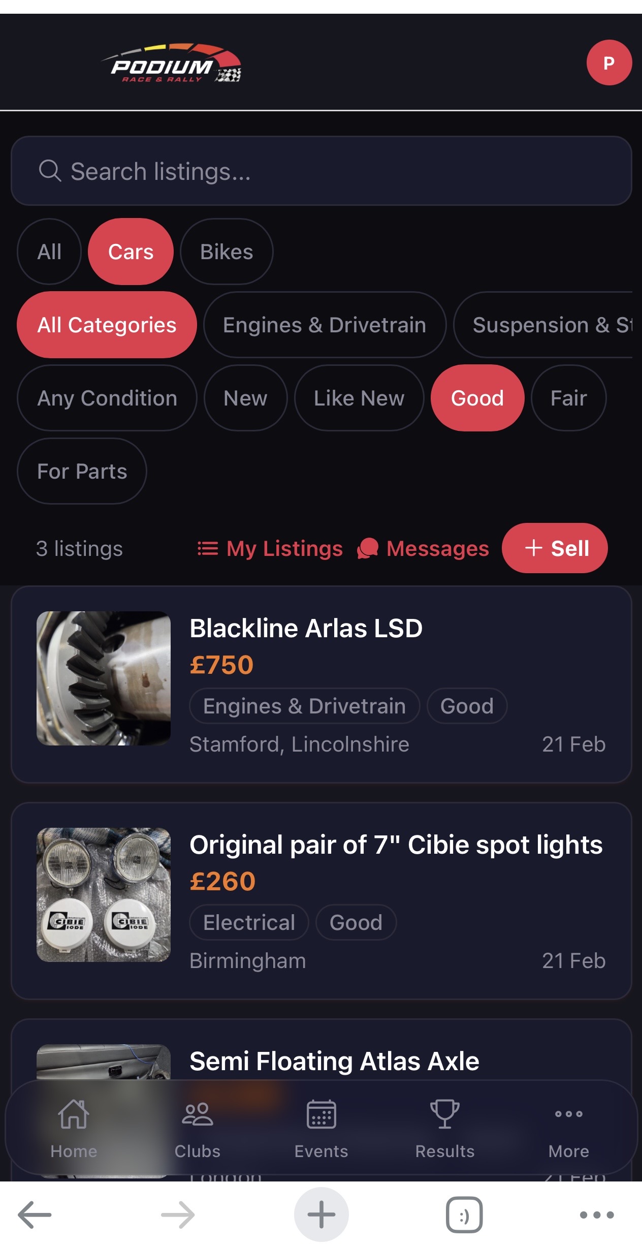 Podium app — Parts marketplace with listings