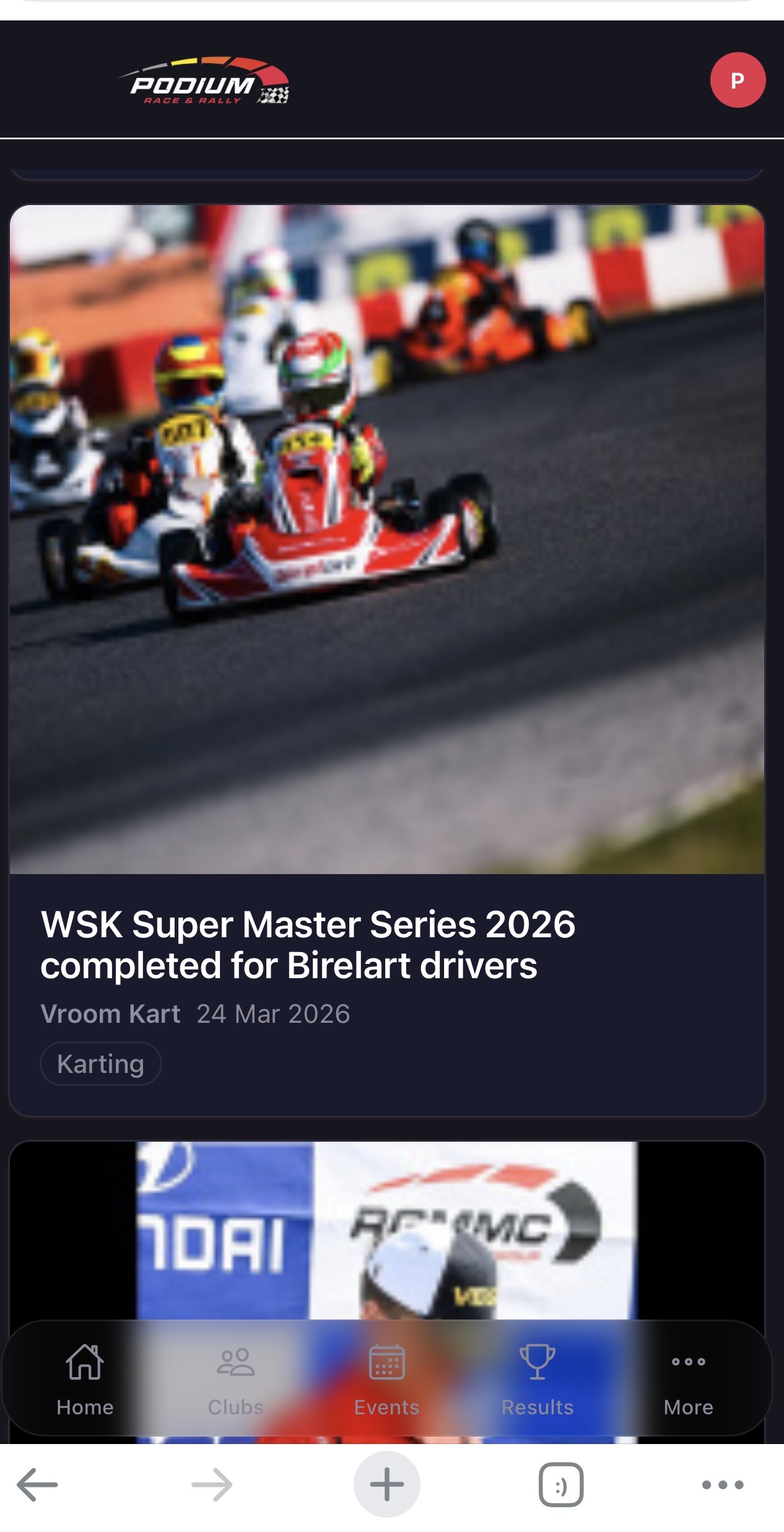 Podium app — Motorsport news feed with karting article